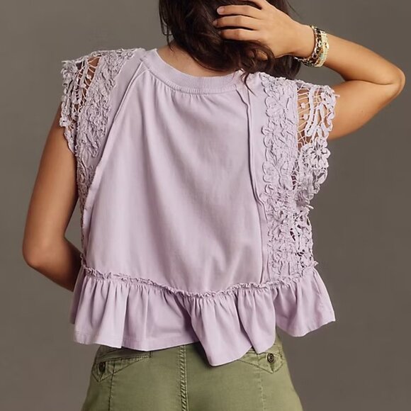 NEW By Anthropologie Babydoll Lace cotton Top MP PM lavender petite size - Picture 2 of 5